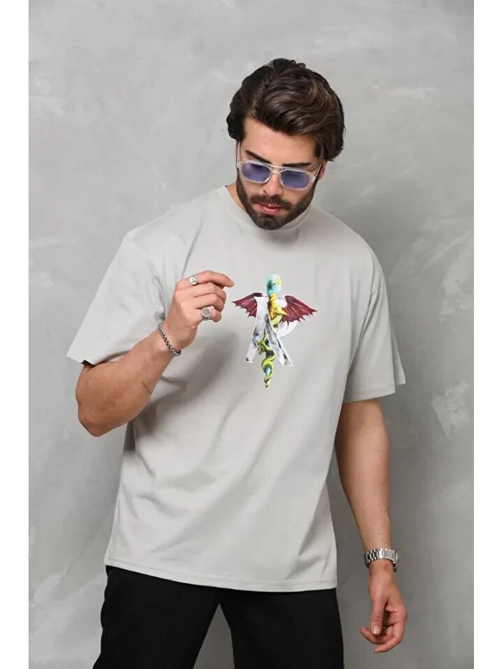 Unisex Bisiklet Yaka Baskılı Oversize T-Shirt - Gri-2