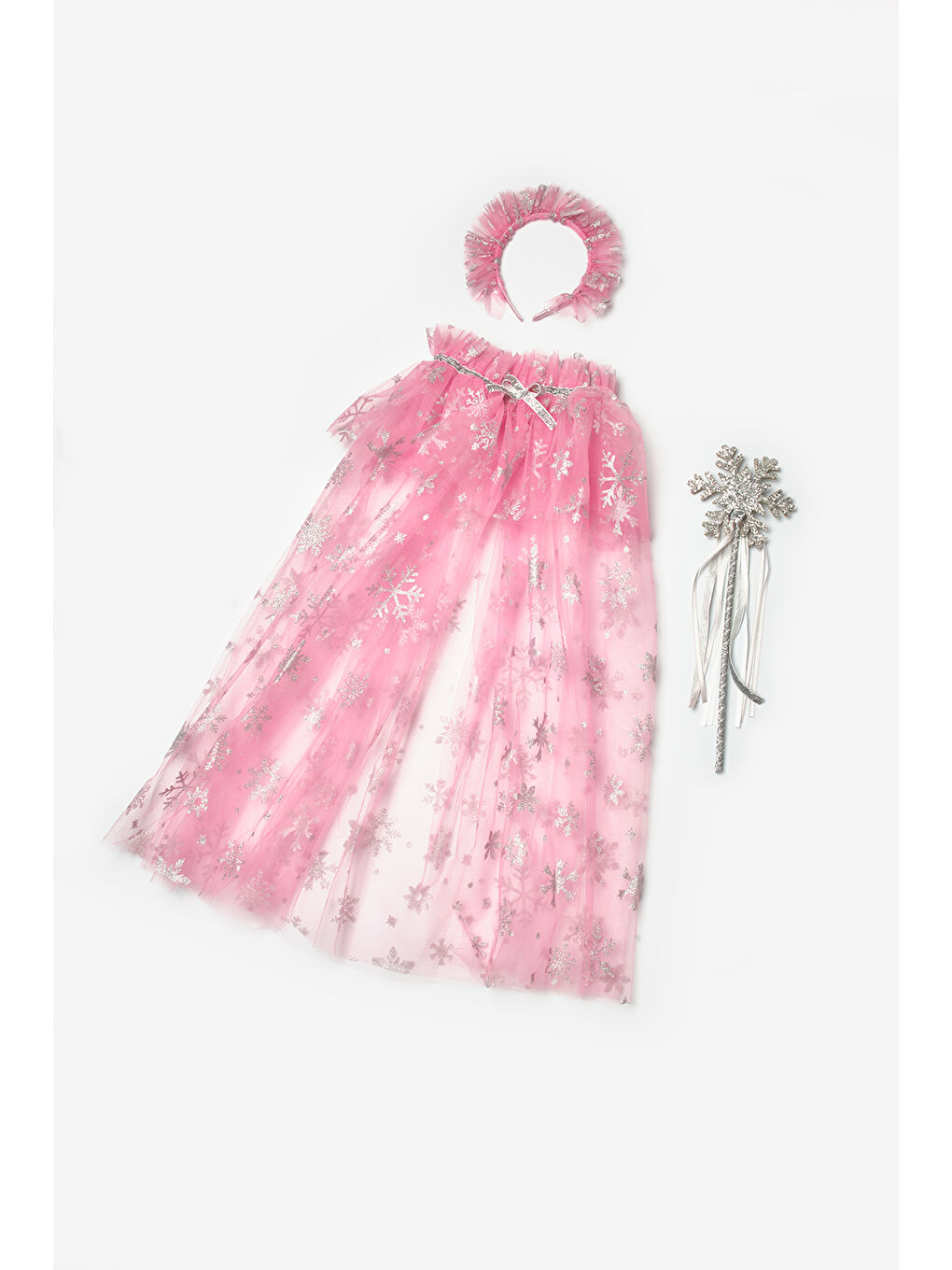 Pembe Kar Tanesi Baskılı Kız Çocuk Pelerin Asa Taç Set