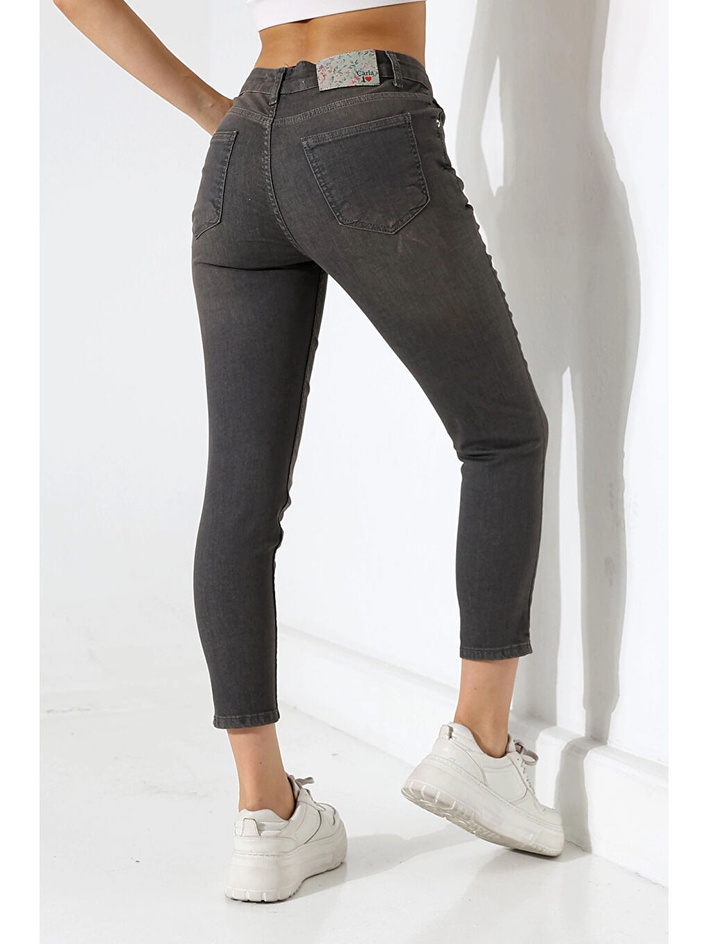 Gri Yüksek Bel Dar Paça Füme Jean Pantolon-2