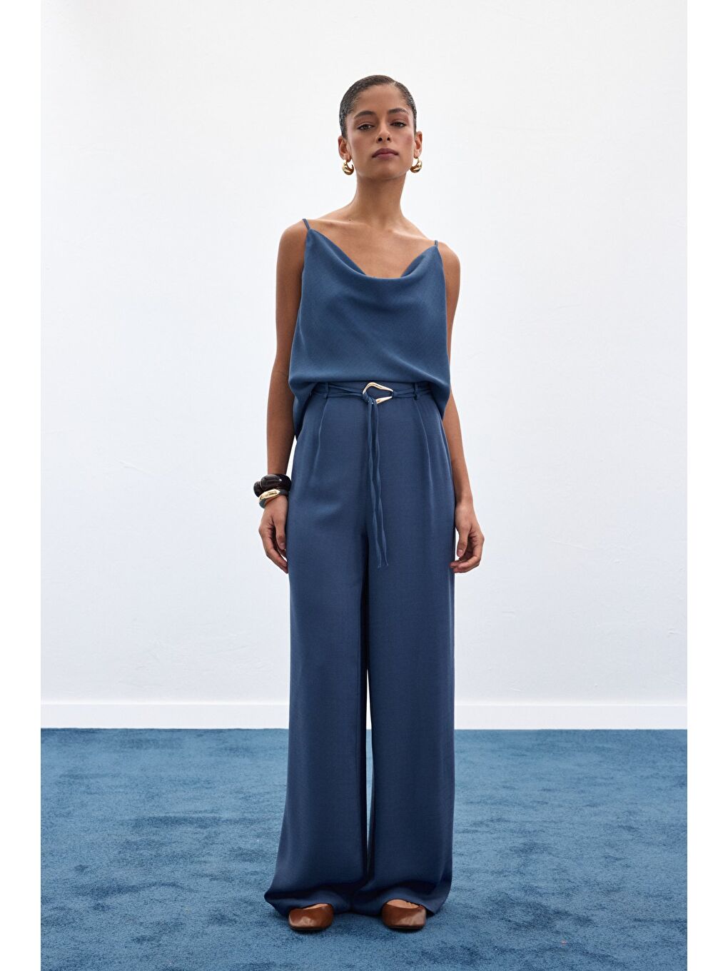 Kemerli Salaş Pantolon - İndigo-5