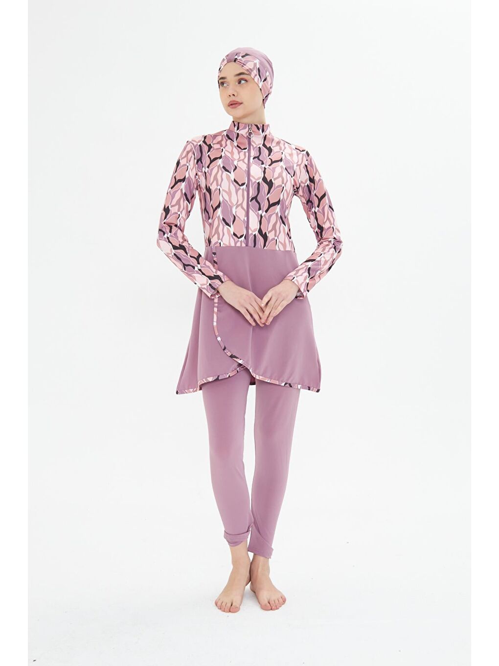 Tam Kapalı Elastanlı Desenli Etekli Tesettür Mayo Pembe 3481-P