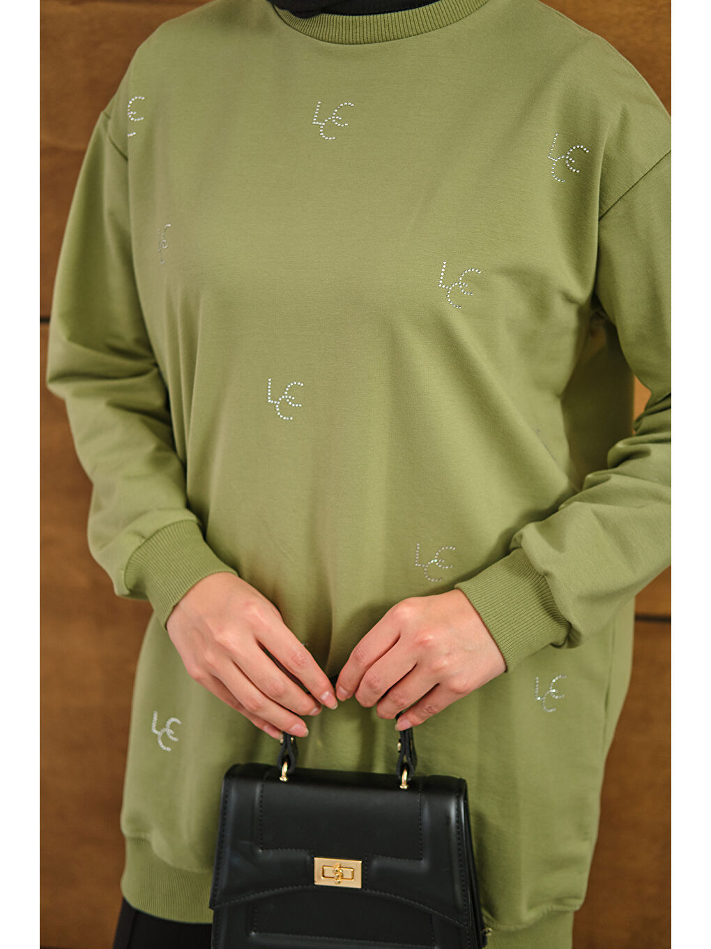 Kadın LCC Taş Detay Bisiket Yaka Sweat Yeşil-4