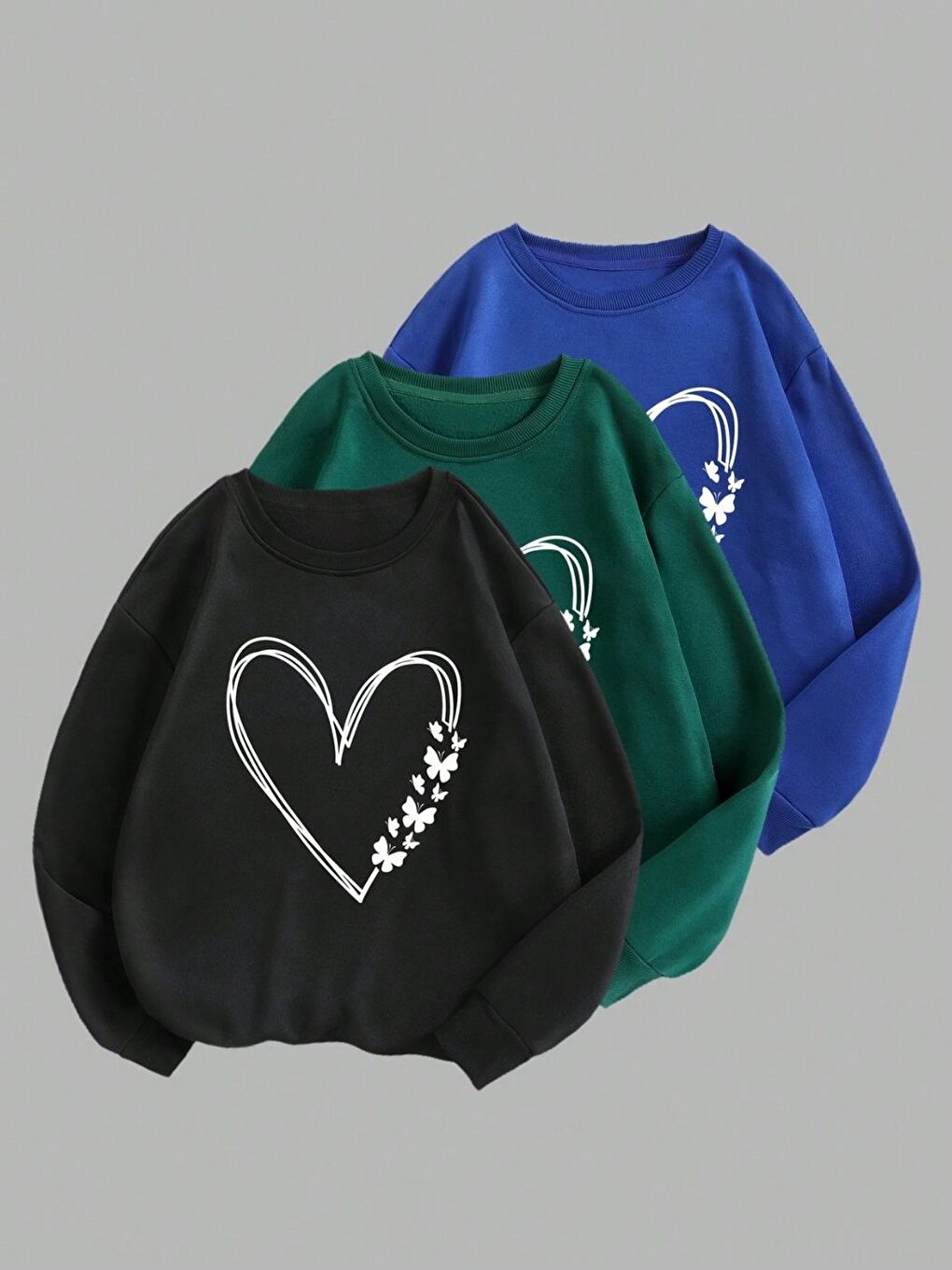 Karışık 3lü Set Kadın Siyah Nefti Mavi Kalpli Kelebek Baskılı Bisiklet Yaka Sweatshirt