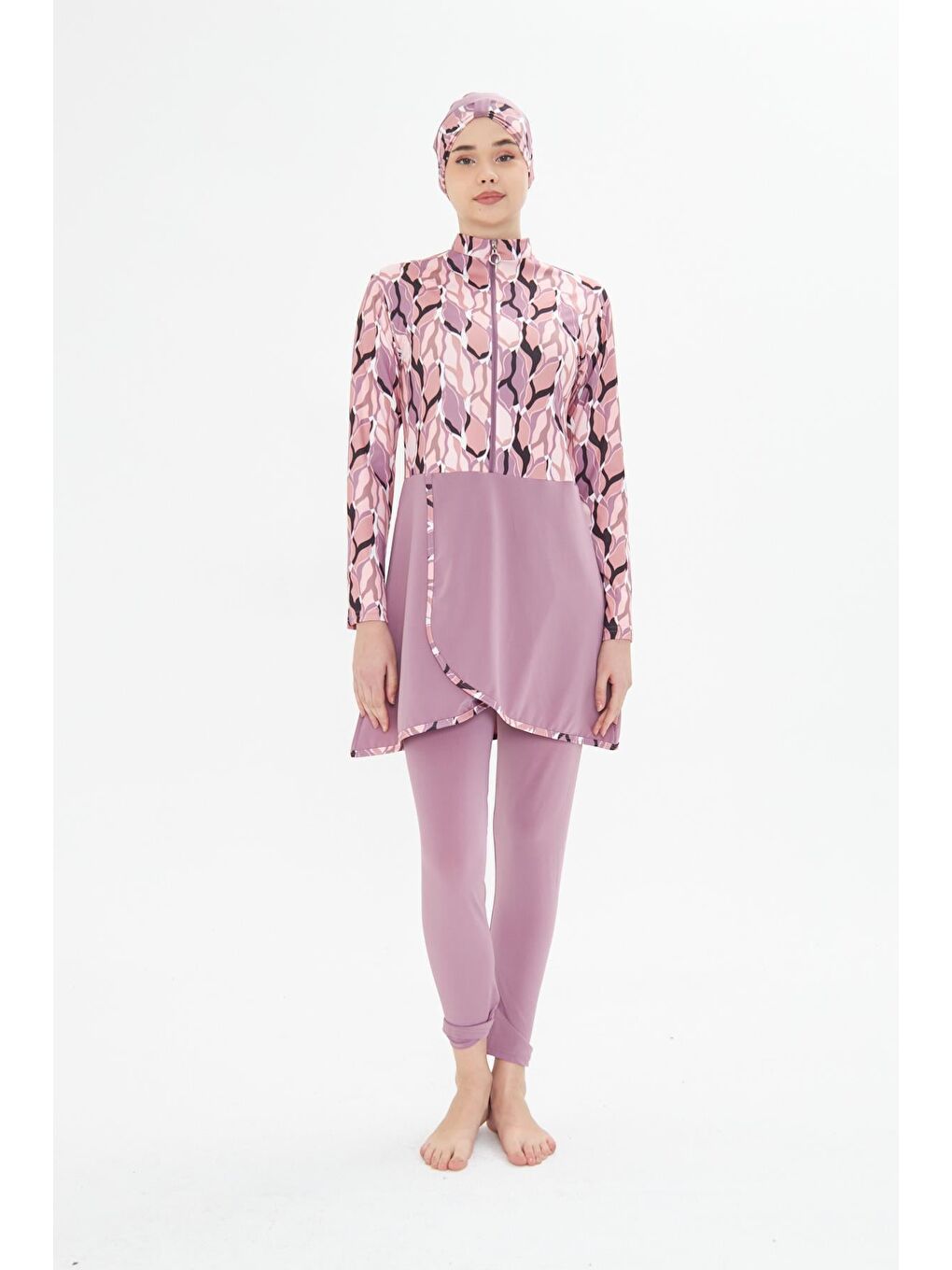 Tam Kapalı Elastanlı Desenli Etekli Tesettür Mayo Pembe 3481-P-1