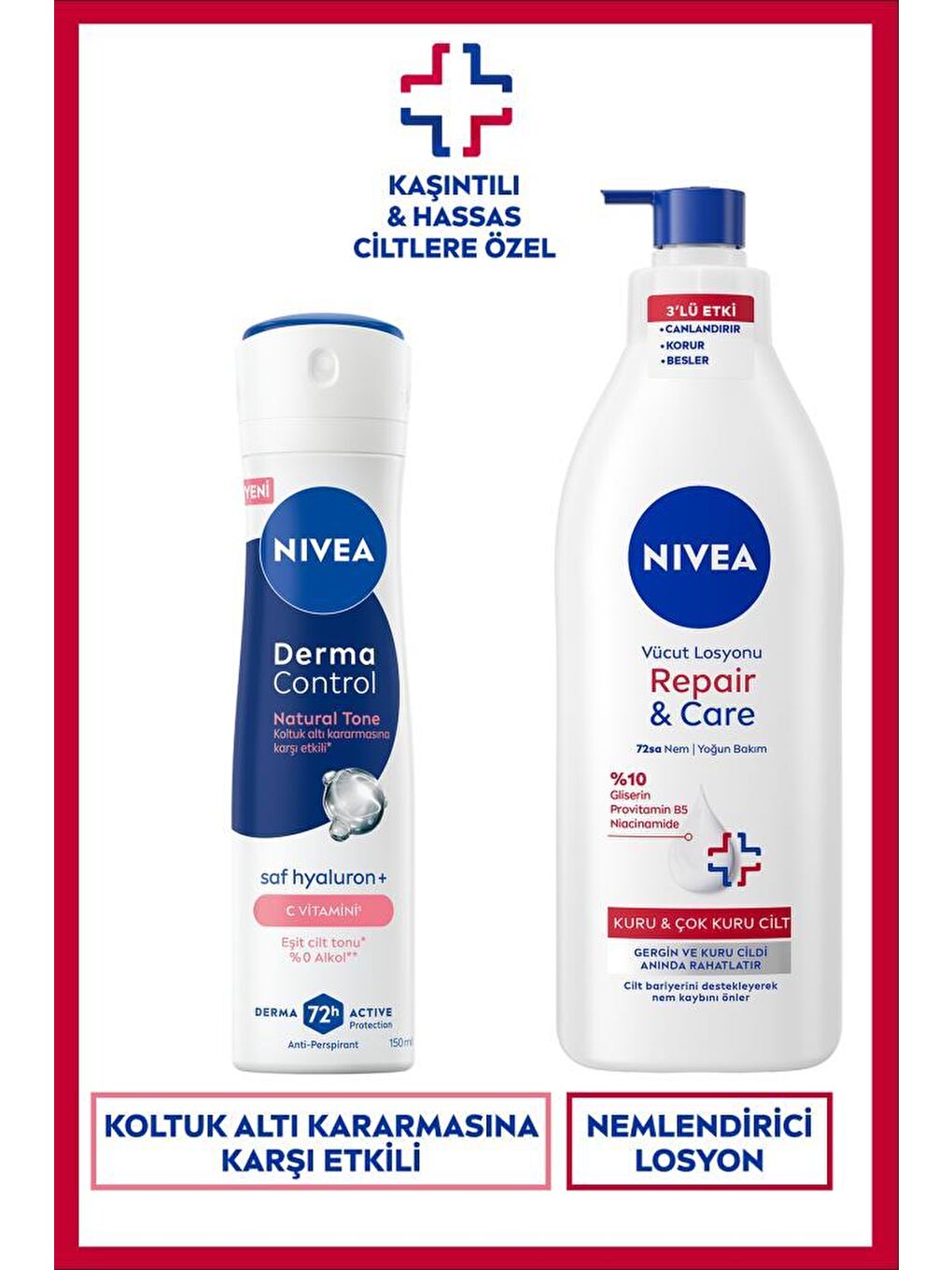 Kadın Sprey Deodorant Derma Control Natural Tone 150ml ve Repair&Care Nemlendirici Vücut Losyonu