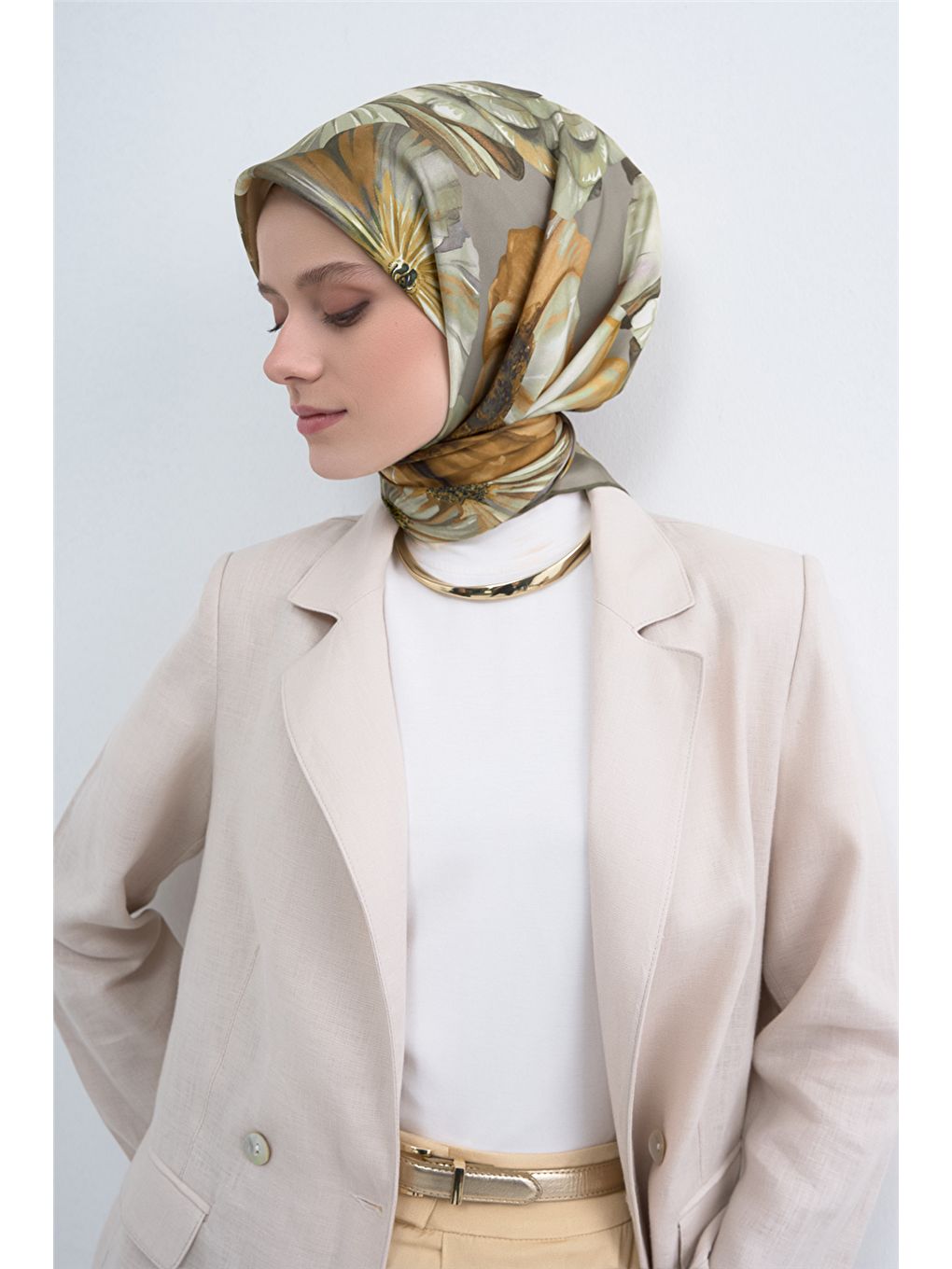 Haki Saf İpek Twill Eşarp 9503D 05-2