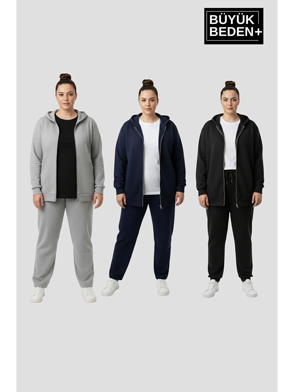 Siyah Erkek Büyük Beden Fermuarlı Kapüşonlu 3 'lü Set ince Sweatshirt Hırka - Rahat Kalıp SPR26BHRK960+3