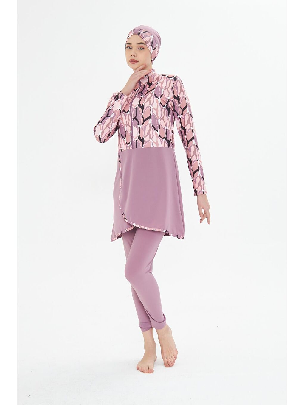 Tam Kapalı Elastanlı Desenli Etekli Tesettür Mayo Pembe 3481-P-2