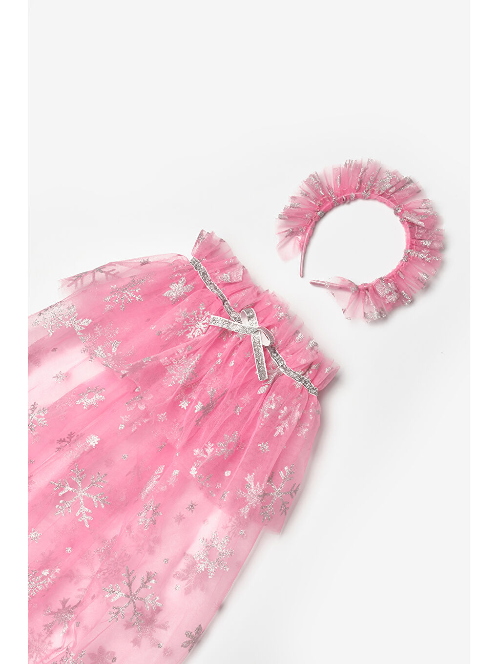 Pembe Kar Tanesi Baskılı Kız Çocuk Pelerin Asa Taç Set-1