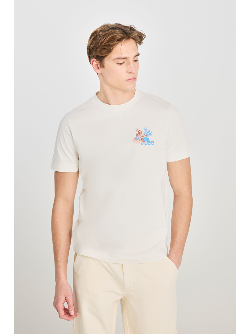 Beyaz %100 Pamuk Regular Fit Normal Kesim Bisiklet Yaka Ekru Tişört-1