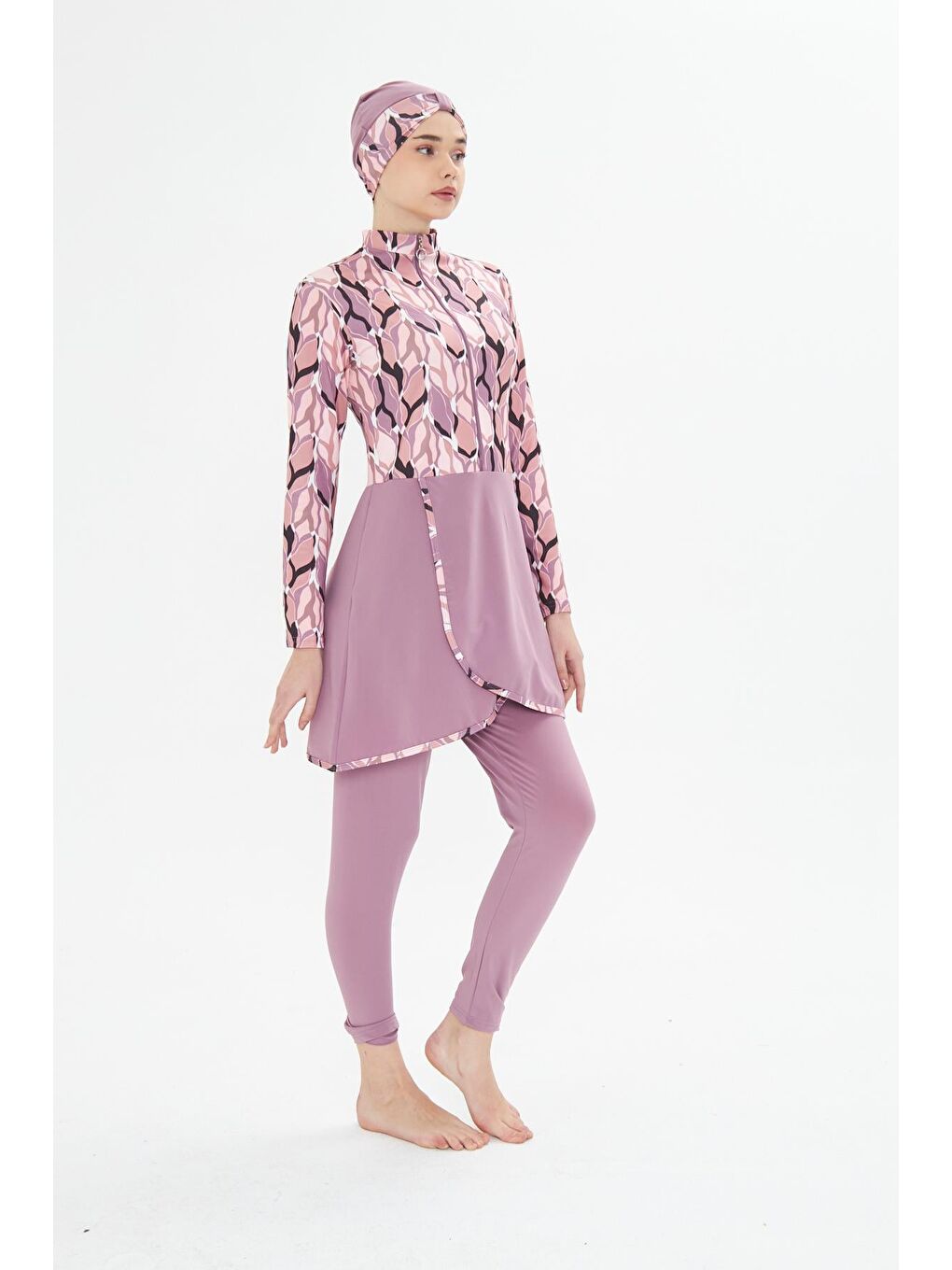 Tam Kapalı Elastanlı Desenli Etekli Tesettür Mayo Pembe 3481-P-3