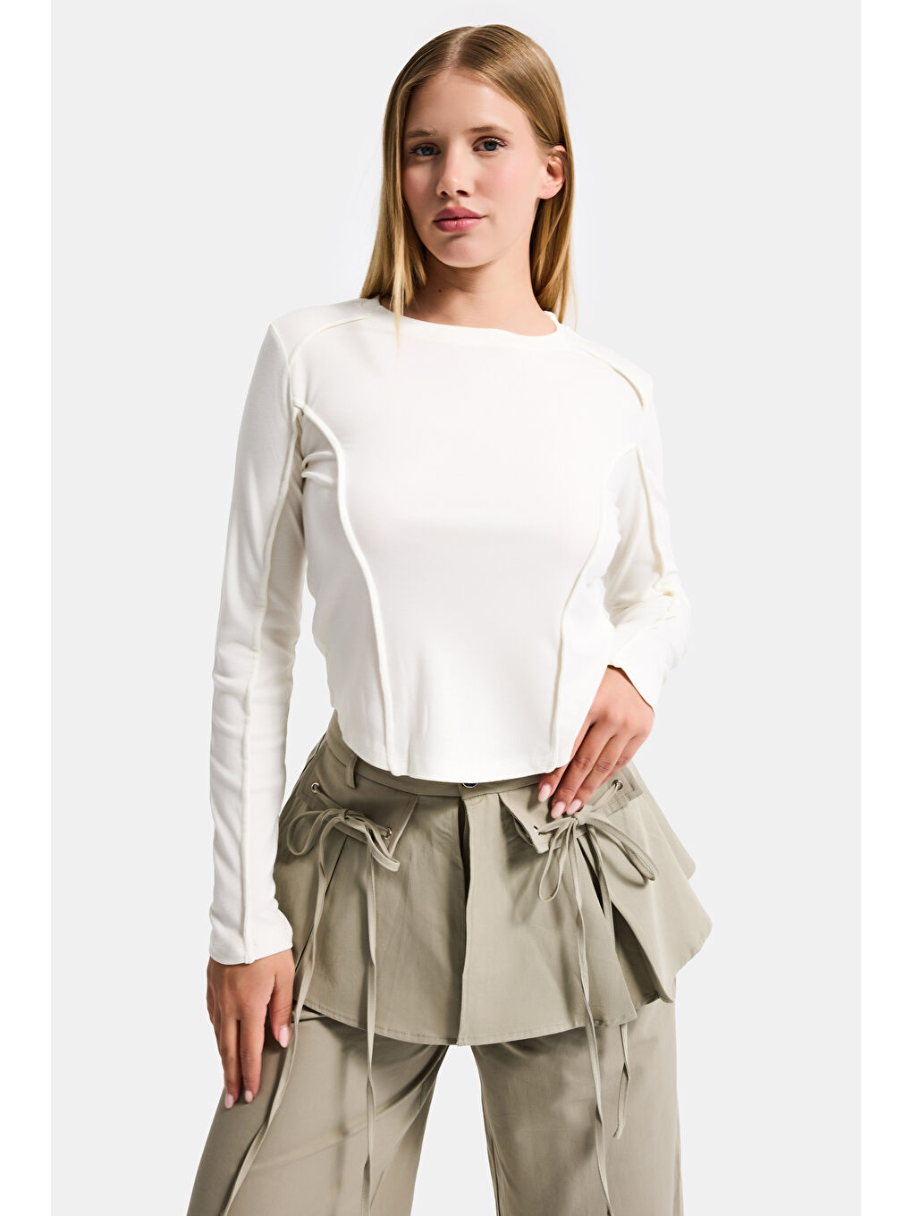 Kadın Ekru Renk w5 Organik Kumaş Crop Fit Body-2