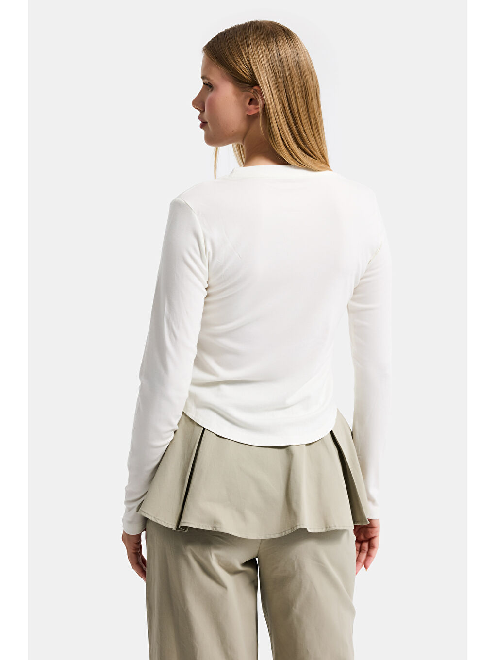 Kadın Ekru Renk w5 Organik Kumaş Crop Fit Body-3