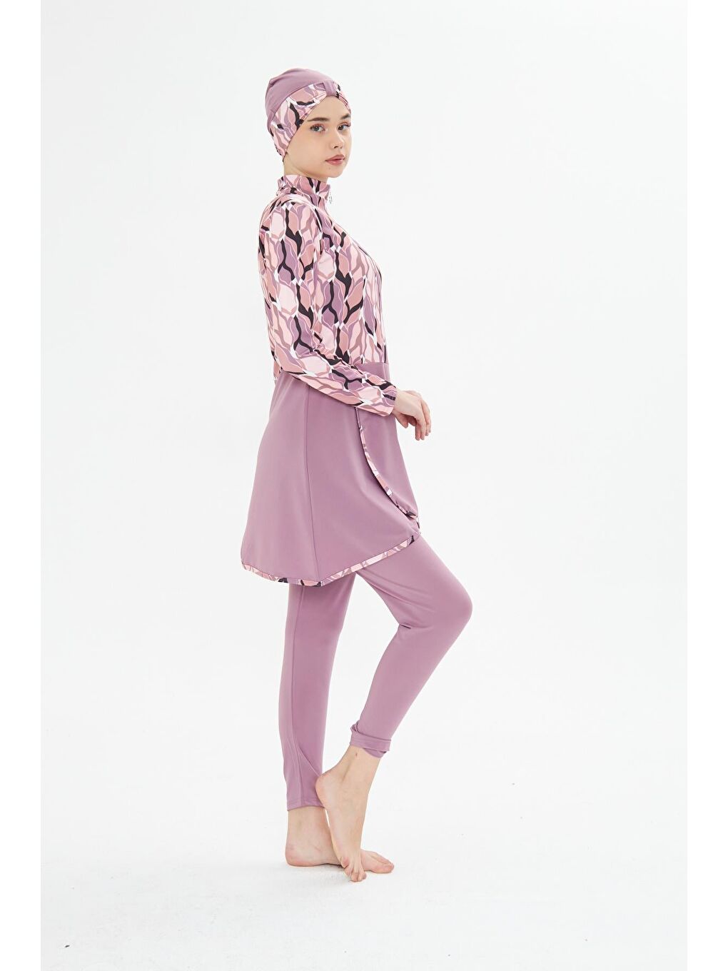 Tam Kapalı Elastanlı Desenli Etekli Tesettür Mayo Pembe 3481-P-4