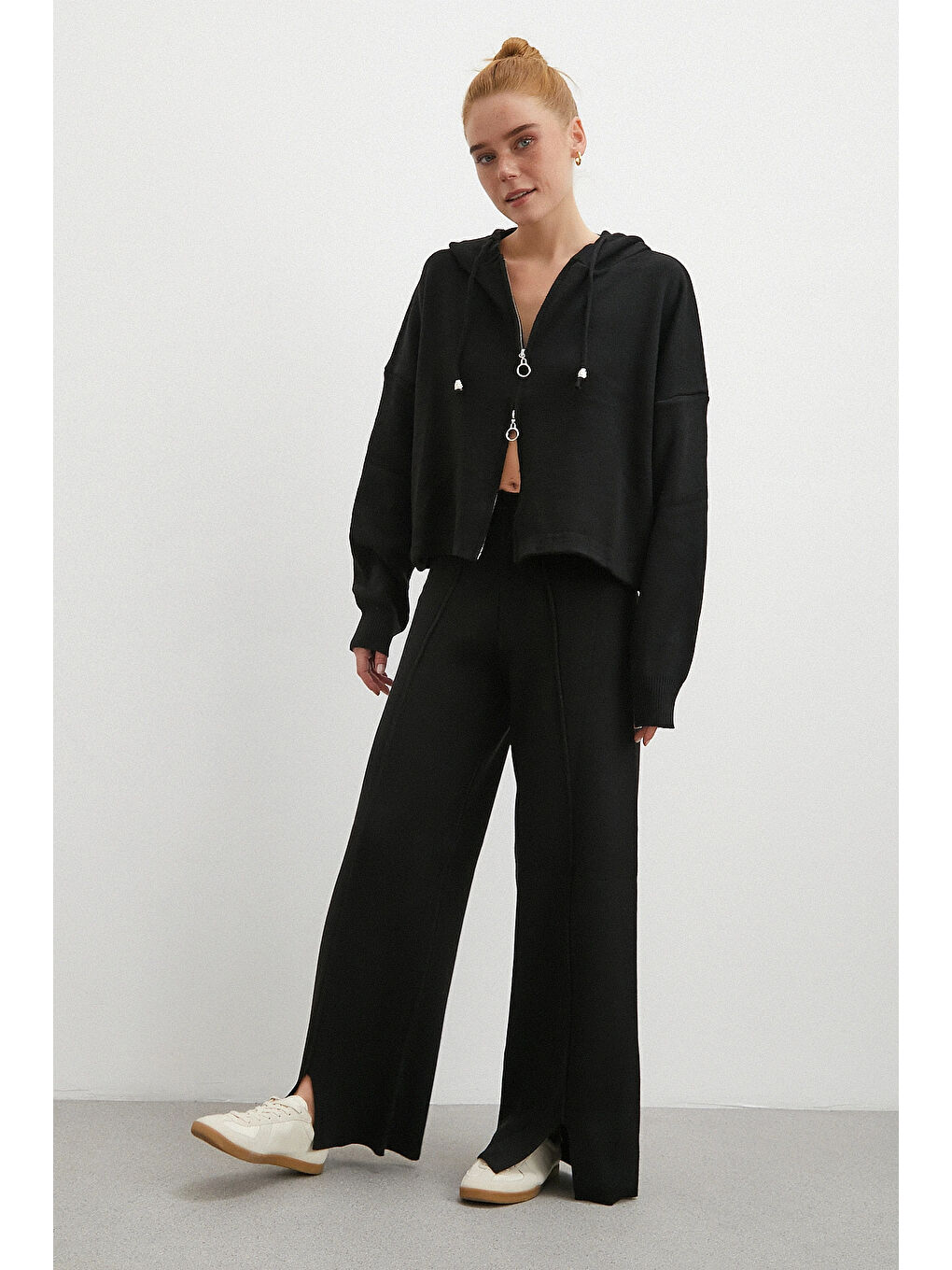 Çift Fermuarlı Kapüşonlu Pantolonlu Takım Siyah