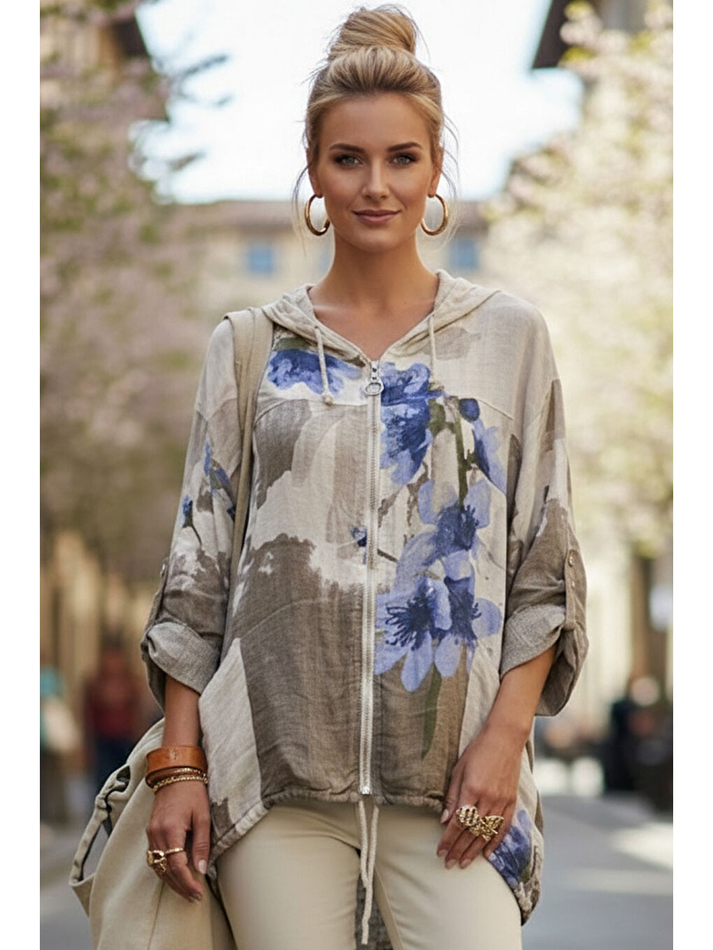 İtalyan Bej-Mavi Kapüşonlu 3/4 Kol Fermuarlı Cepli Casual Keten Görünümlü Dokuma Ceket 68 65