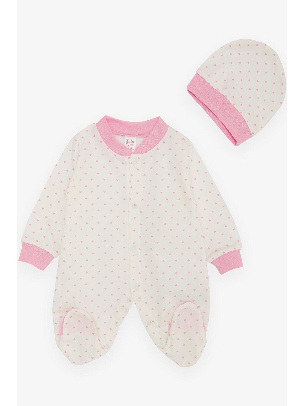 Kız Bebek Patikli Tulum Kalp Desenli Ekru (0-6 Ay)