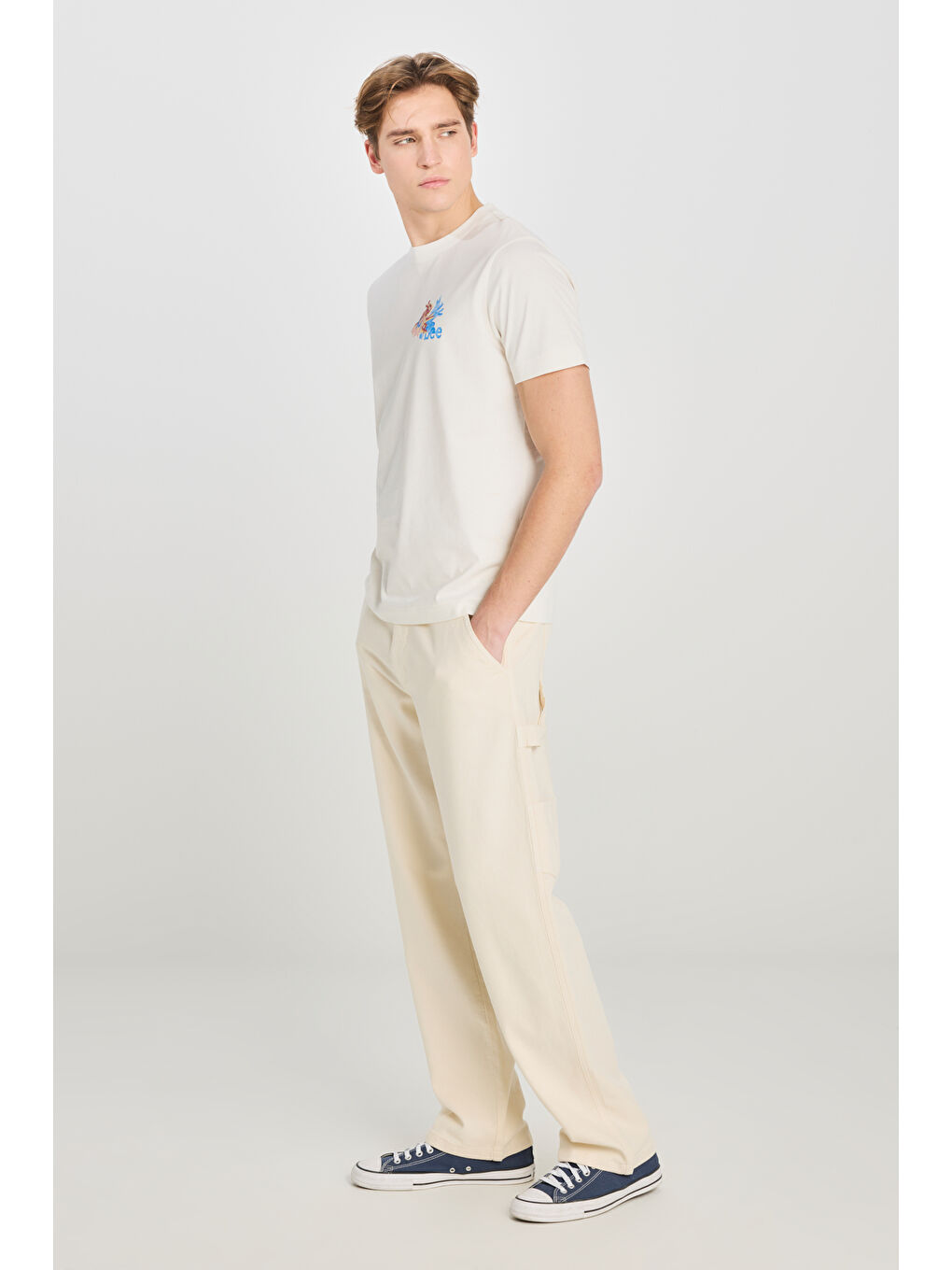 Beyaz %100 Pamuk Regular Fit Normal Kesim Bisiklet Yaka Ekru Tişört-2