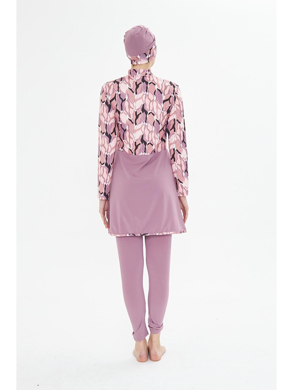 Tam Kapalı Elastanlı Desenli Etekli Tesettür Mayo Pembe 3481-P-5