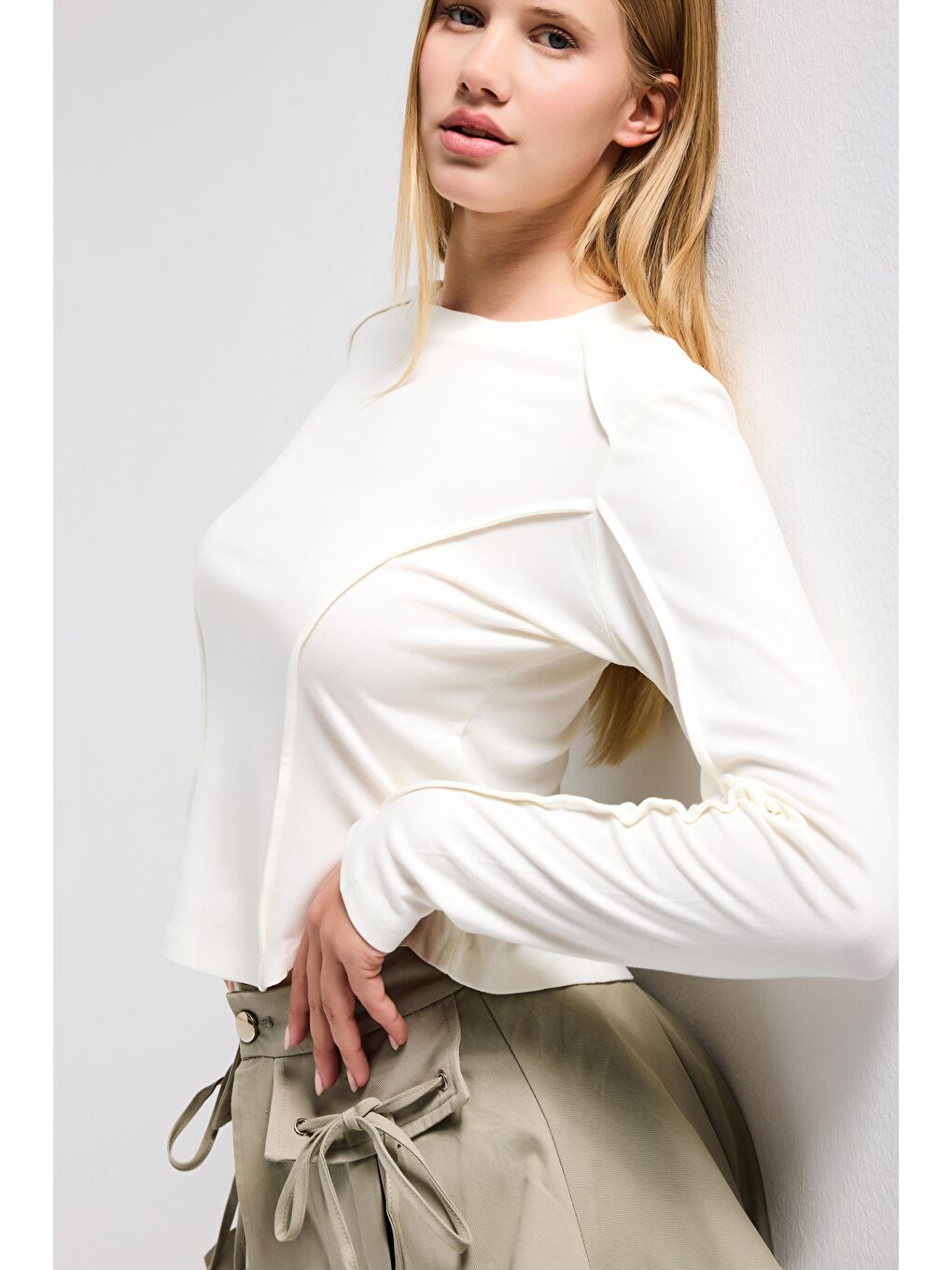 Kadın Ekru Renk w5 Organik Kumaş Crop Fit Body-5