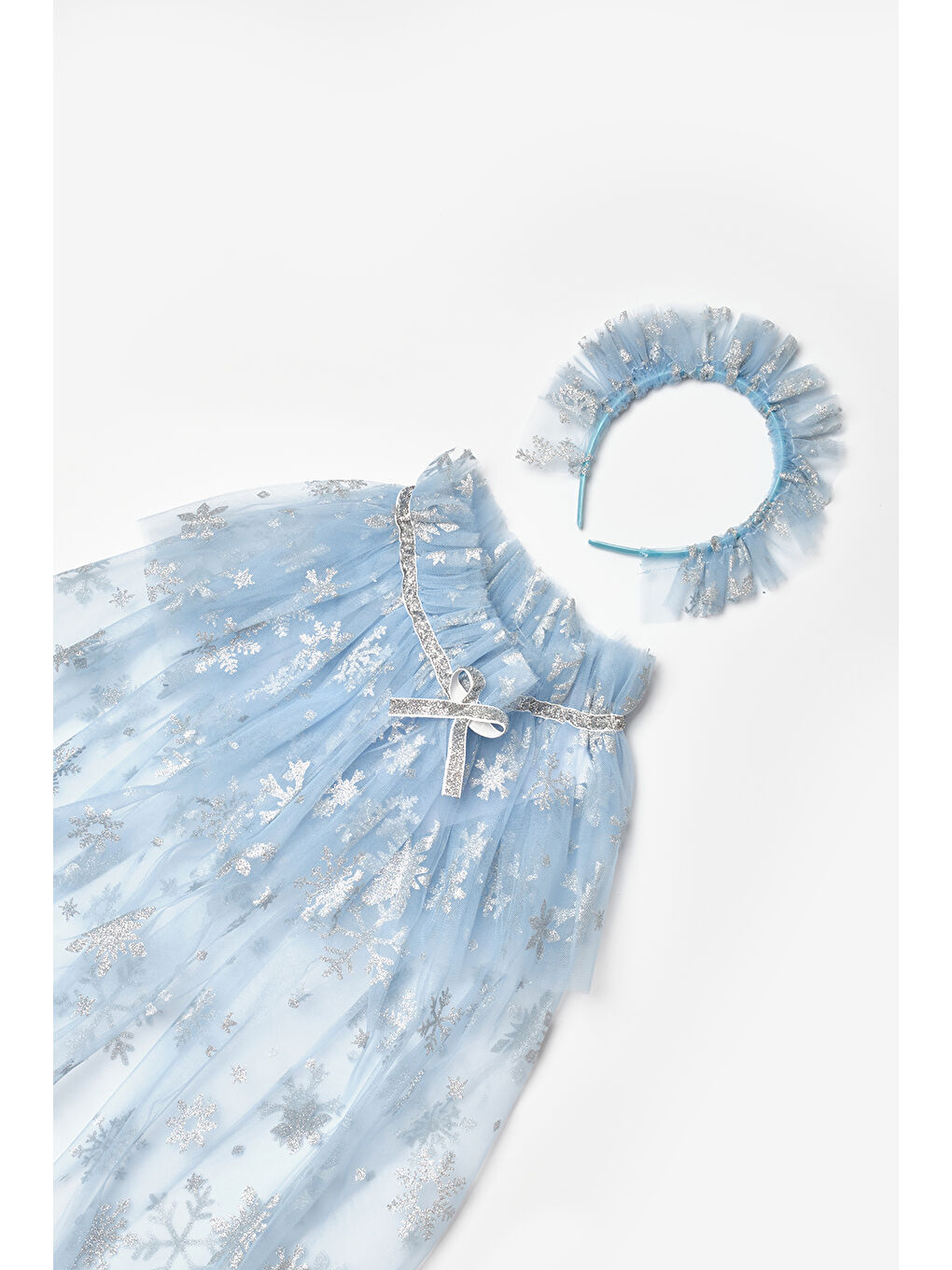 Mavi Kar Tanesi Baskılı Kız Çocuk Pelerin Asa Taç Set-1