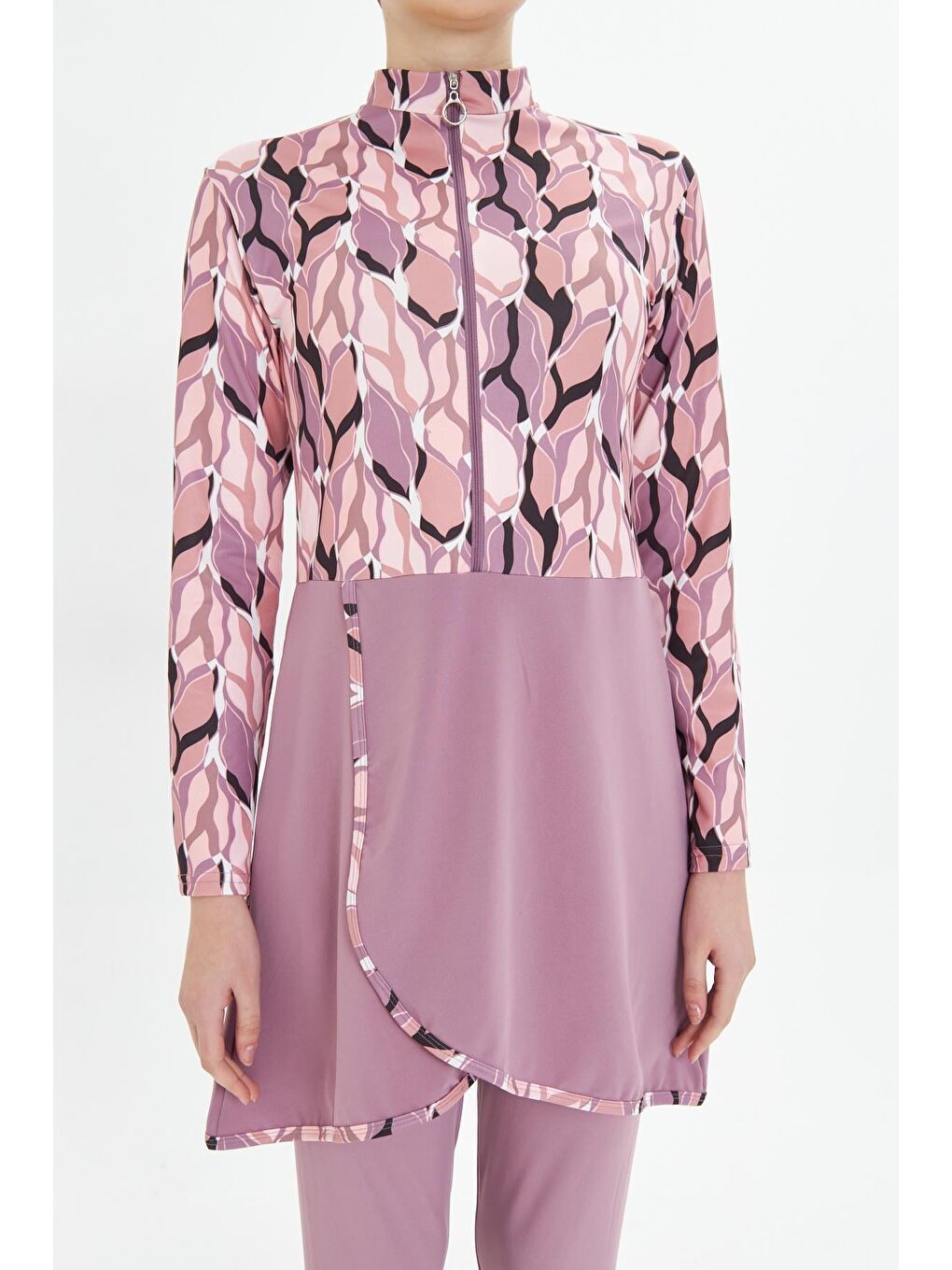 Tam Kapalı Elastanlı Desenli Etekli Tesettür Mayo Pembe 3481-P-6