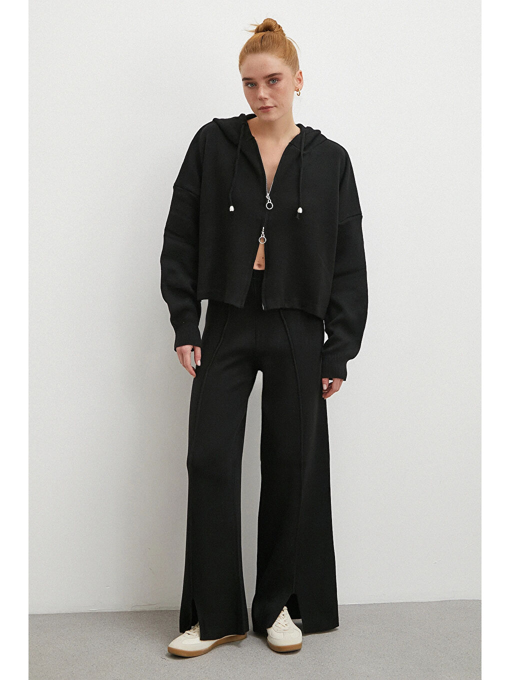 Çift Fermuarlı Kapüşonlu Pantolonlu Takım Siyah-1