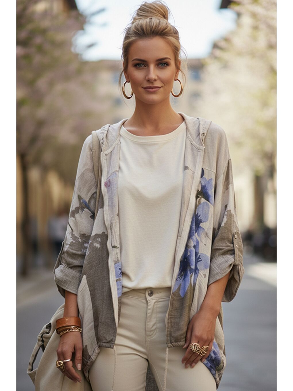 İtalyan Bej-Mavi Kapüşonlu 3/4 Kol Fermuarlı Cepli Casual Keten Görünümlü Dokuma Ceket 68 65-1