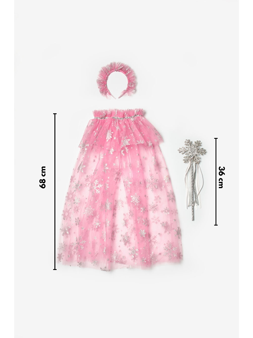 Pembe Kar Tanesi Baskılı Kız Çocuk Pelerin Asa Taç Set-2