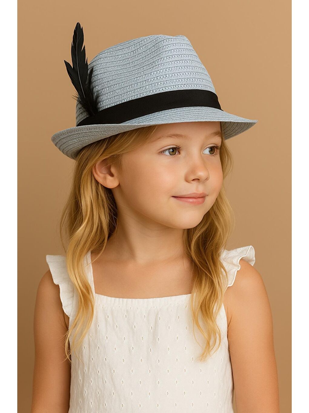 Çocuk Tüy Aksesuarlı Hasır Fötr Şapka Açık Mavi