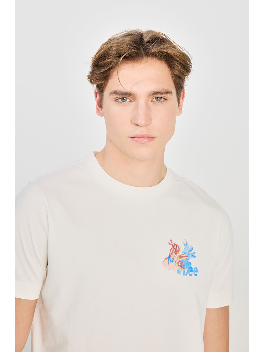 Beyaz %100 Pamuk Regular Fit Normal Kesim Bisiklet Yaka Ekru Tişört-3