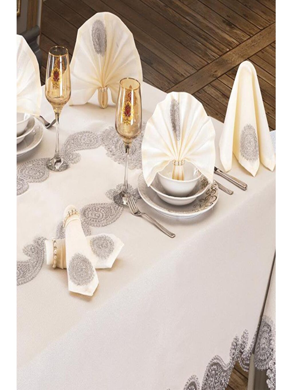 Karışık Verna Masa Örtüsü 26 Parça Krem Silver-6