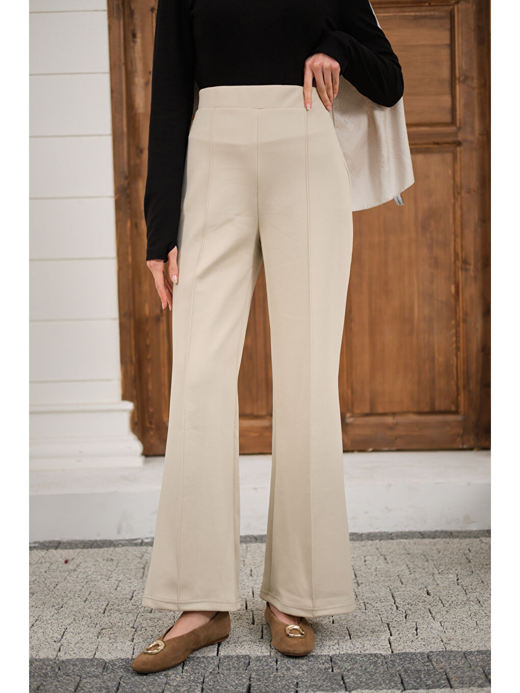 Ekru Kadın Biyeli Scuba Pantolon Krem-1