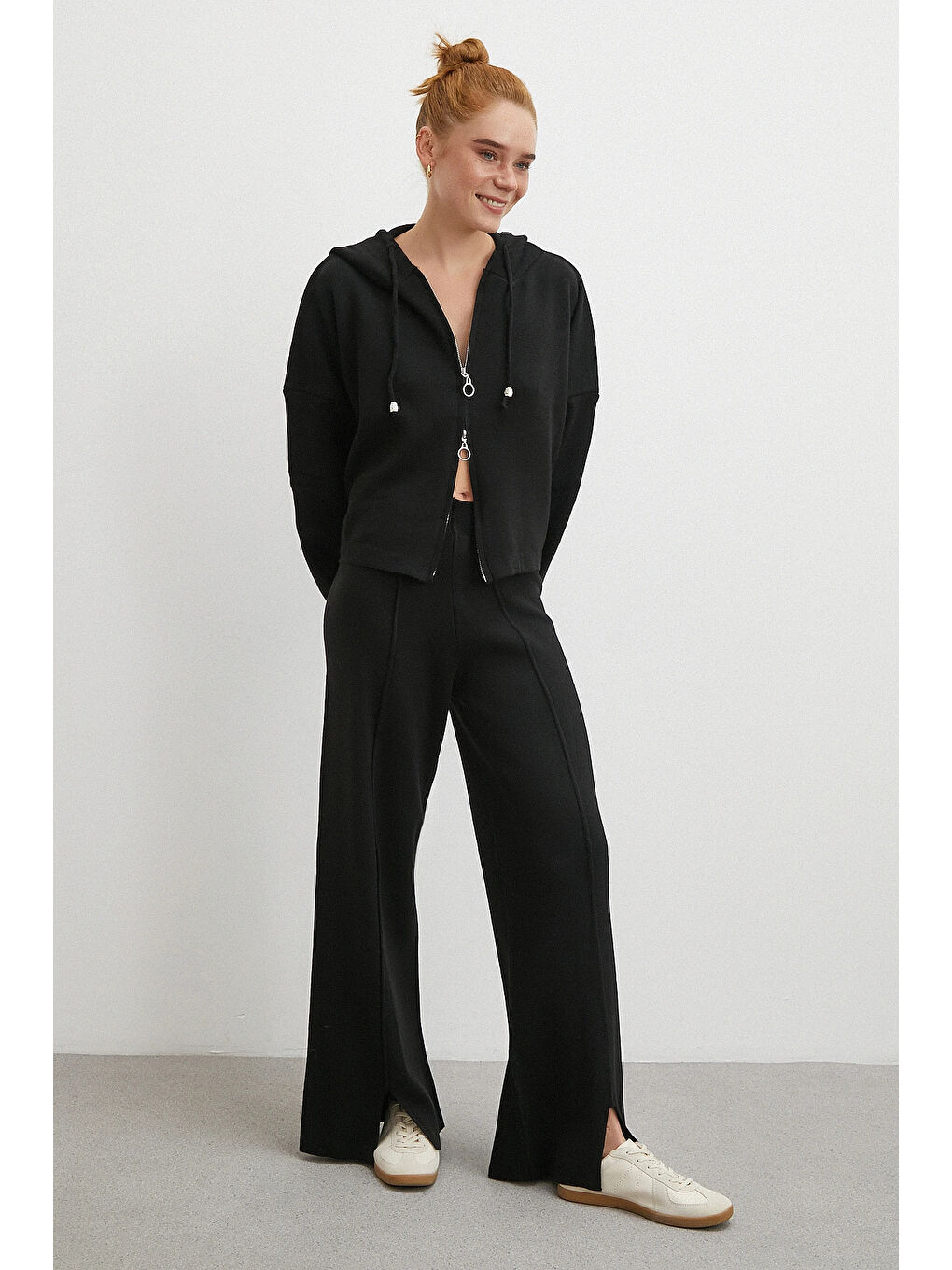 Çift Fermuarlı Kapüşonlu Pantolonlu Takım Siyah-2