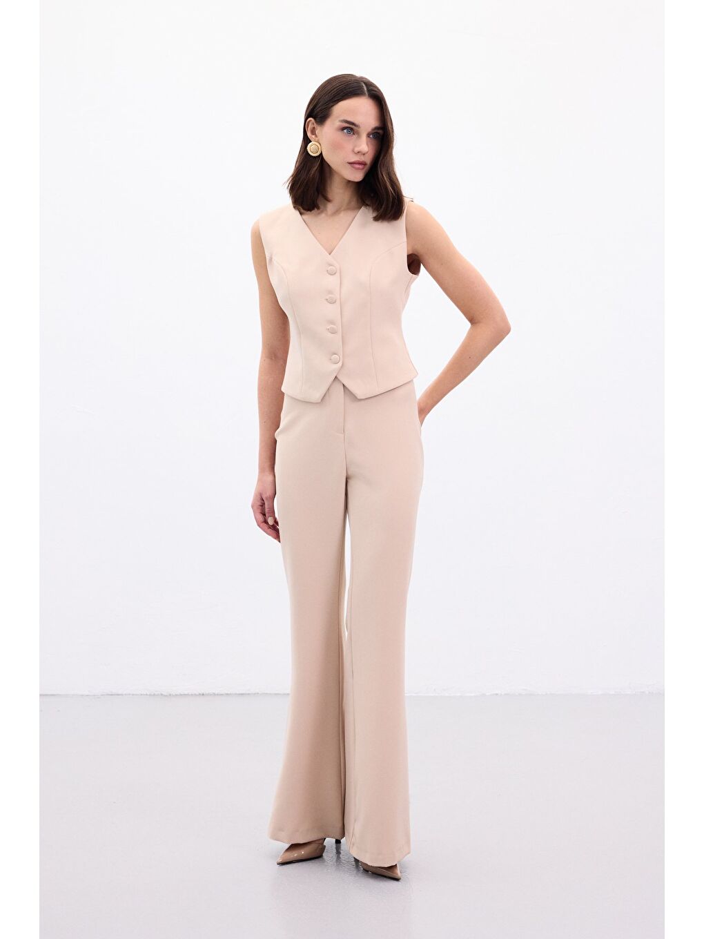 İspanyol Paça Pantolon - Bej-4