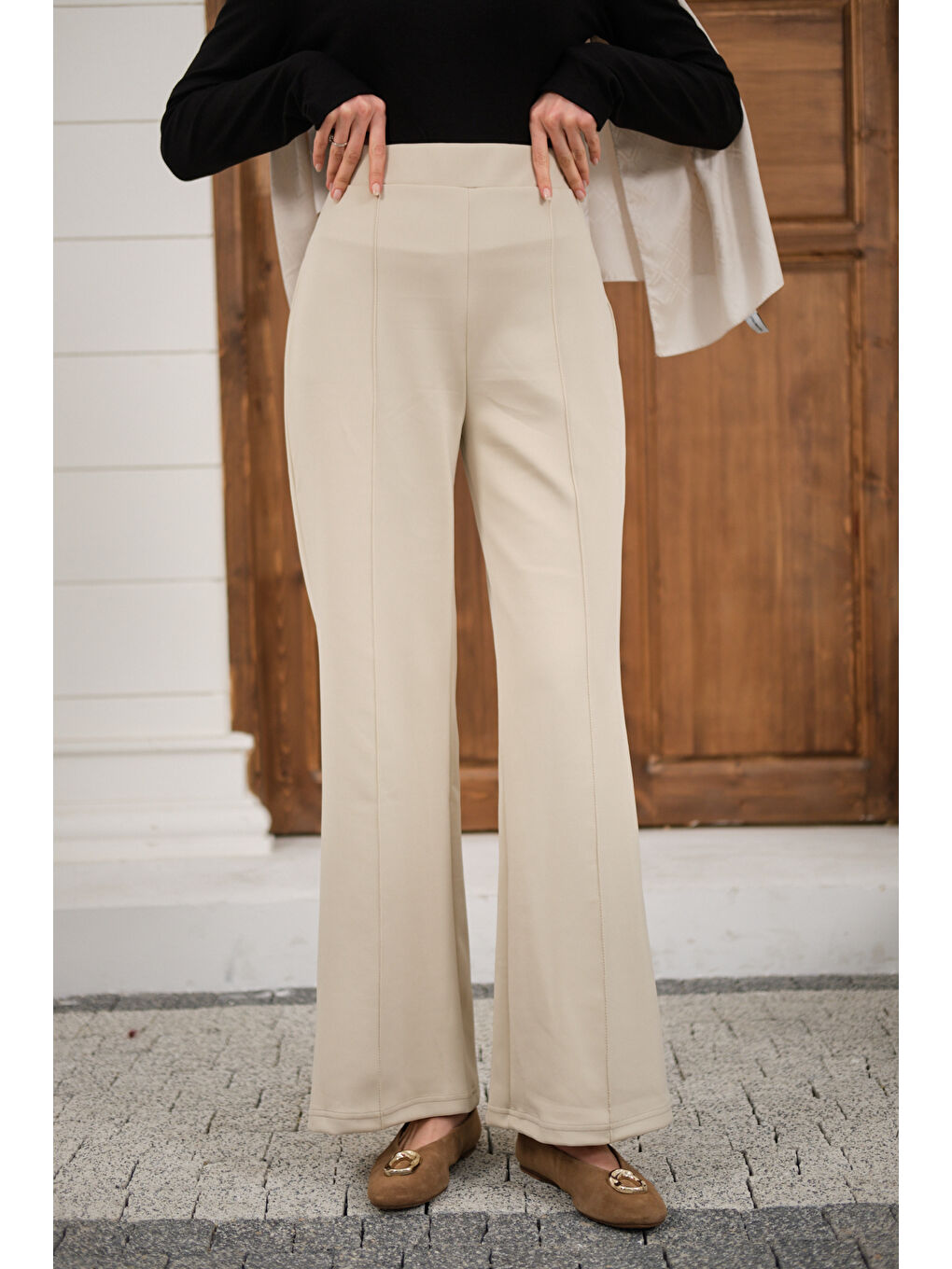 Ekru Kadın Biyeli Scuba Pantolon Krem-2