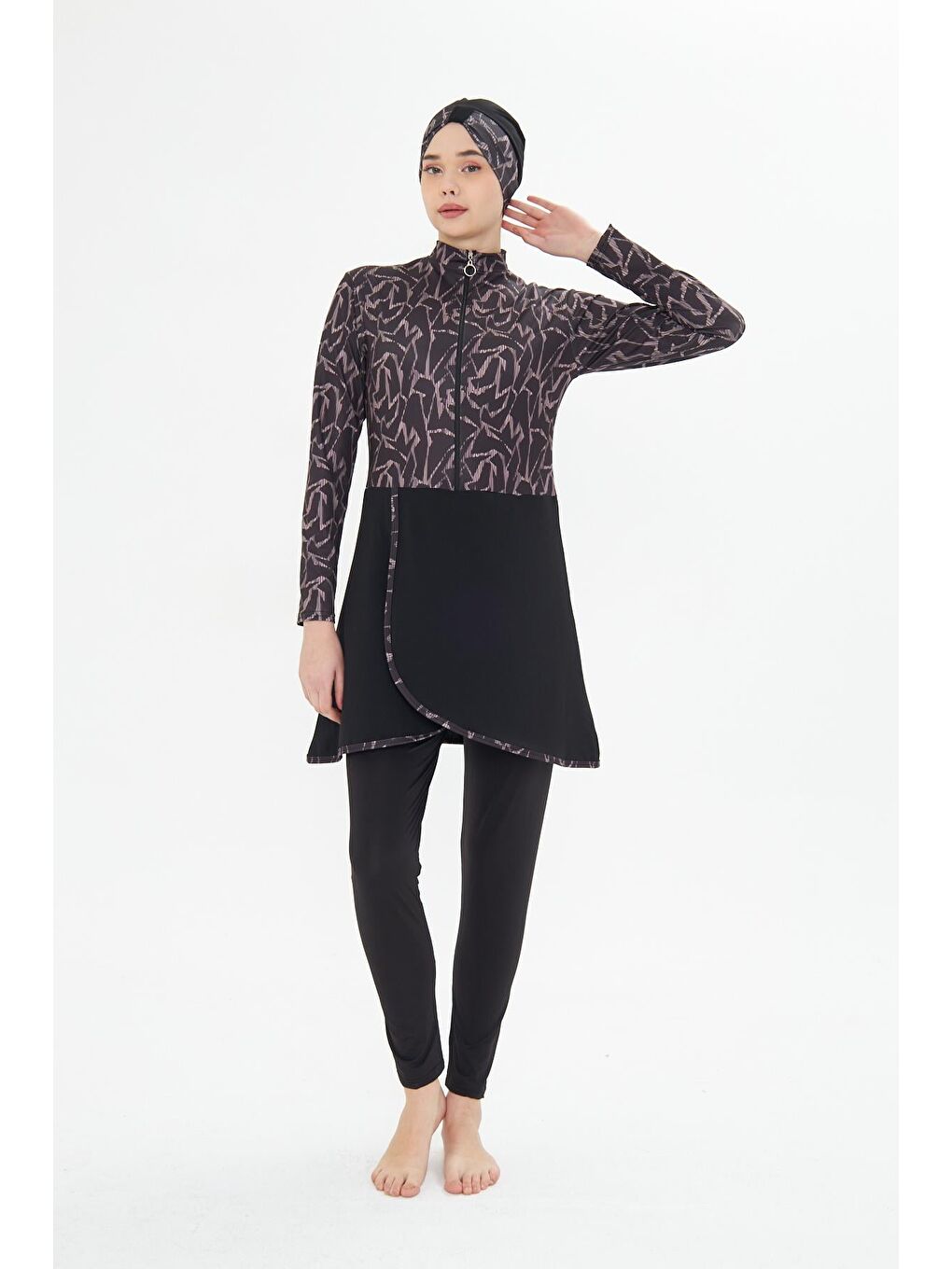 Tam Kapalı Elastanlı Desenli Etekli Tesettür Mayo Siyah 3482-S-1