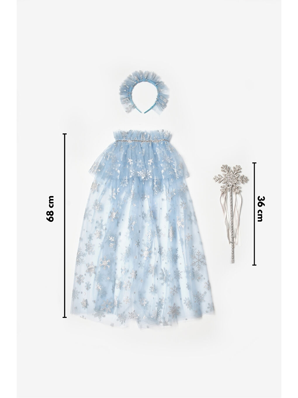 Mavi Kar Tanesi Baskılı Kız Çocuk Pelerin Asa Taç Set-2