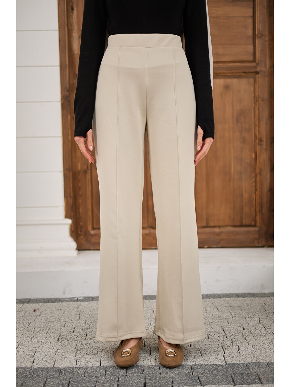 Ekru Kadın Biyeli Scuba Pantolon Krem-3