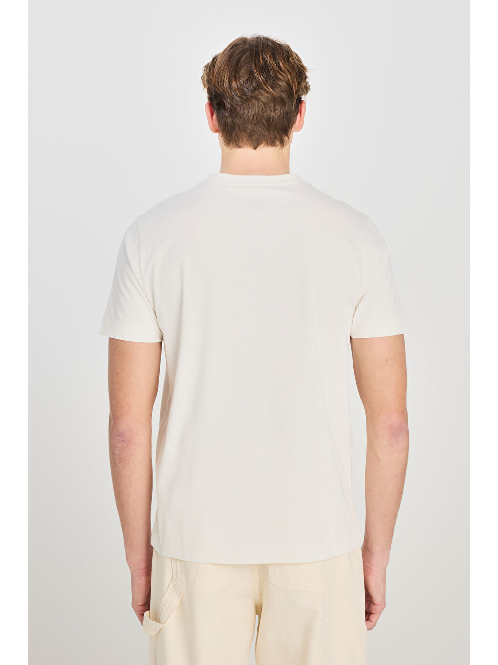 Beyaz %100 Pamuk Regular Fit Normal Kesim Bisiklet Yaka Ekru Tişört-4