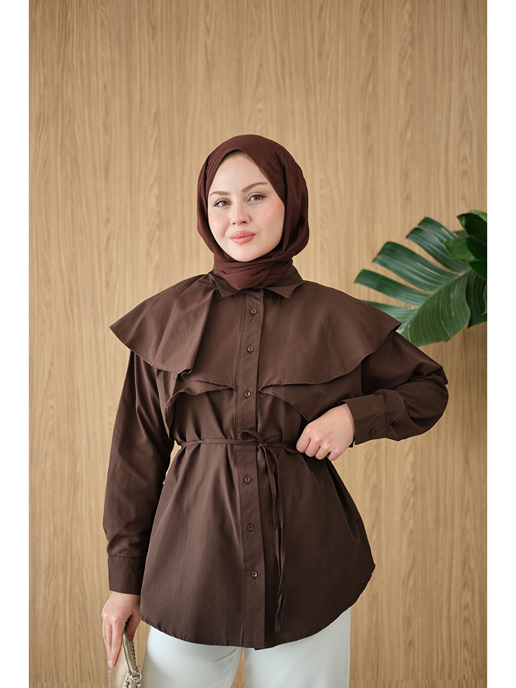 Kadın Pelerin Görünümlü Gömlek Kahverengi-1