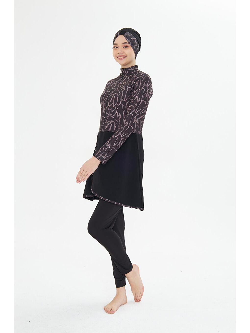 Tam Kapalı Elastanlı Desenli Etekli Tesettür Mayo Siyah 3482-S-2