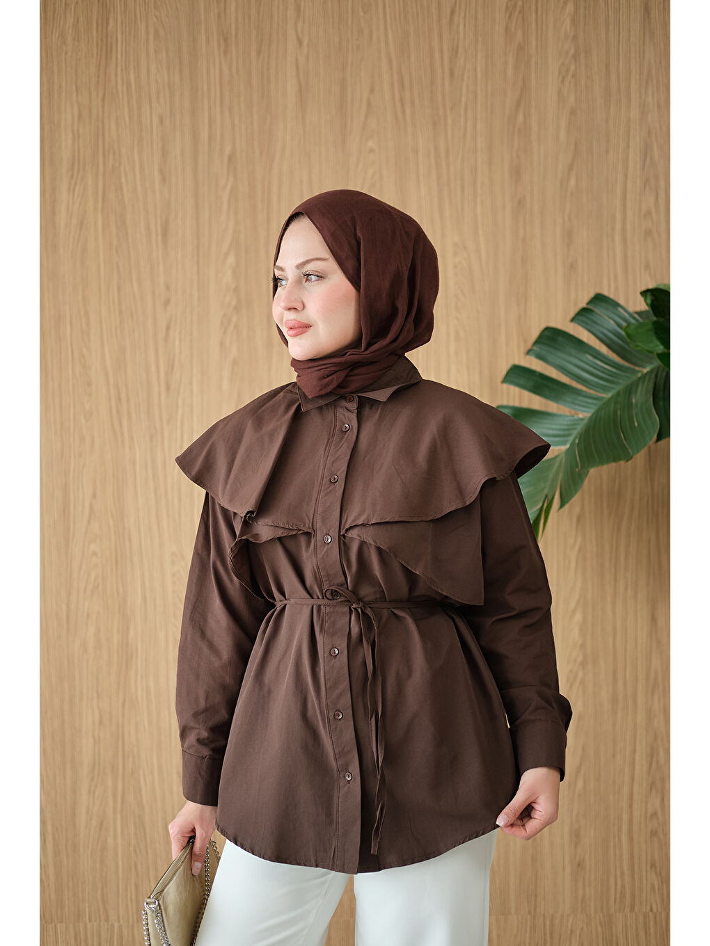 Kadın Pelerin Görünümlü Gömlek Kahverengi-2