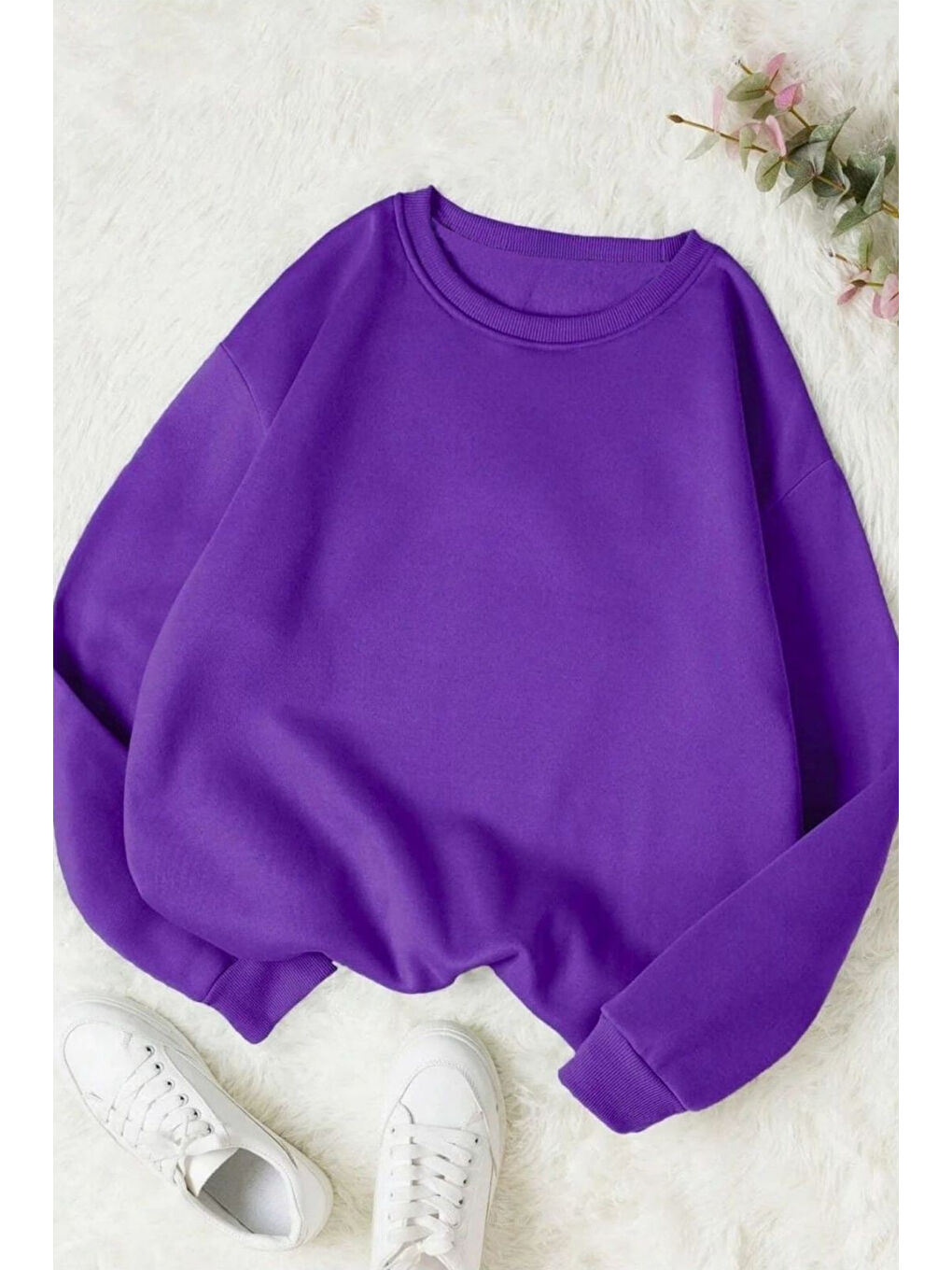 Kadın 3 Iplik Mor Düz Bisiklet Yaka Sweatshirt