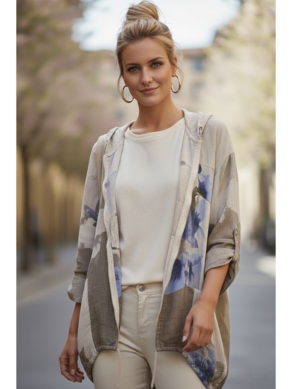 İtalyan Bej-Mavi Kapüşonlu 3/4 Kol Fermuarlı Cepli Casual Keten Görünümlü Dokuma Ceket 68 65-3