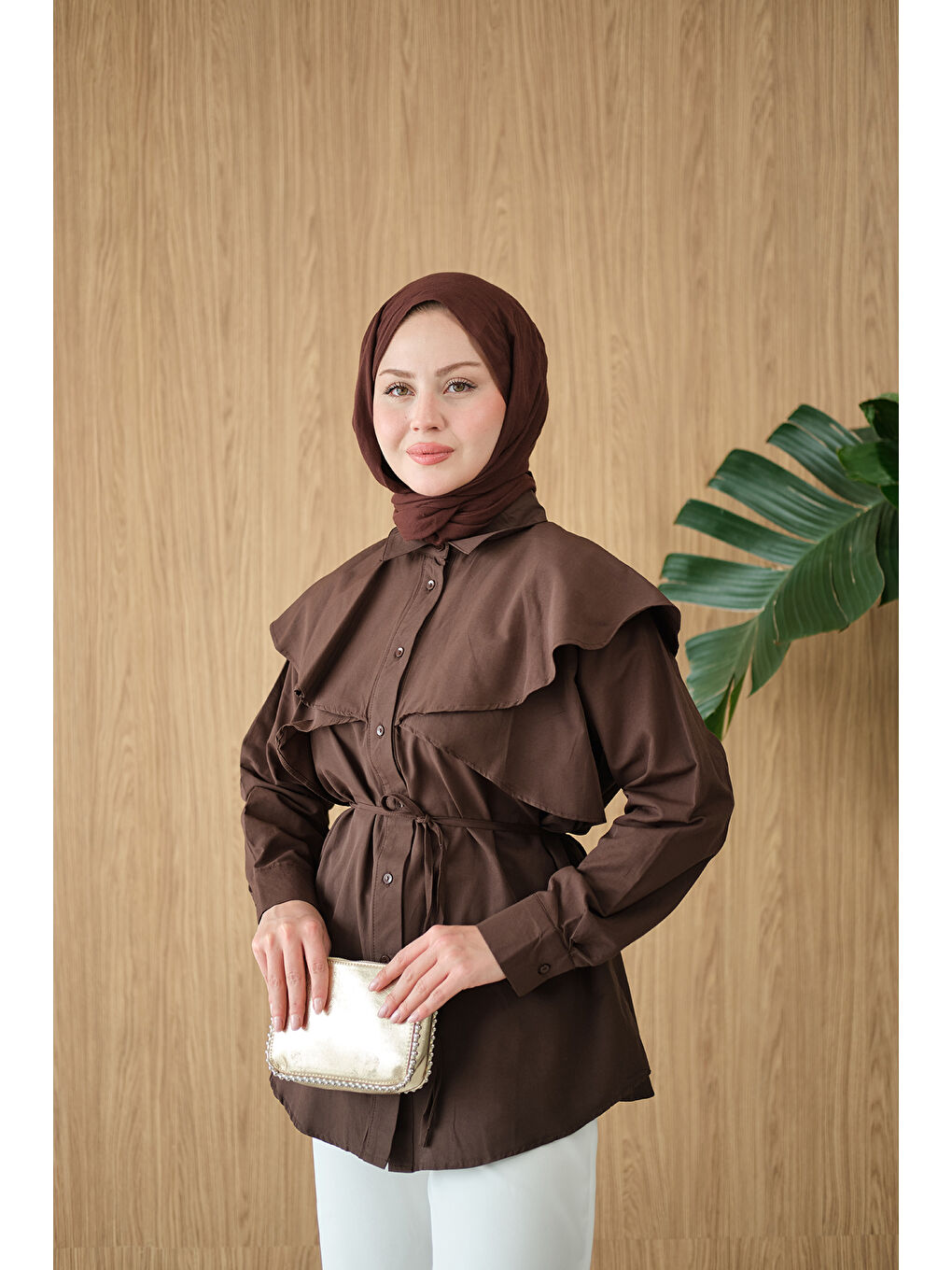 Kadın Pelerin Görünümlü Gömlek Kahverengi-3