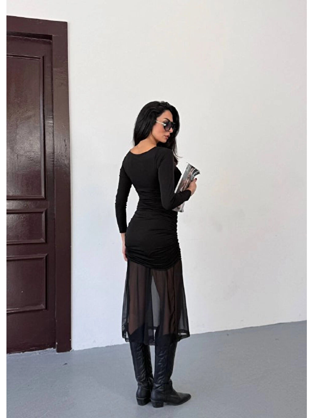 Kadın Siyah Kare Yaka Eteği Tül Elbise HZL25W-FRY123561-2