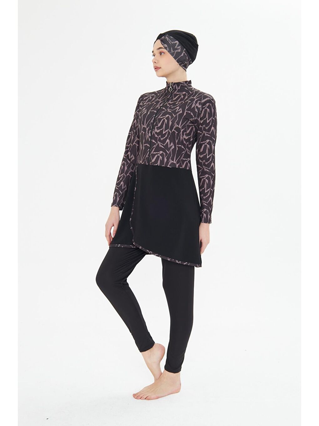 Tam Kapalı Elastanlı Desenli Etekli Tesettür Mayo Siyah 3482-S-3