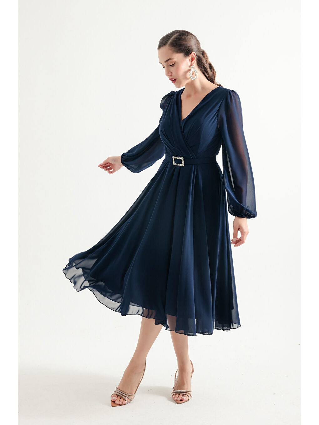Kadın Lacivert Kemerli Midi Şifon Abiye Elbise