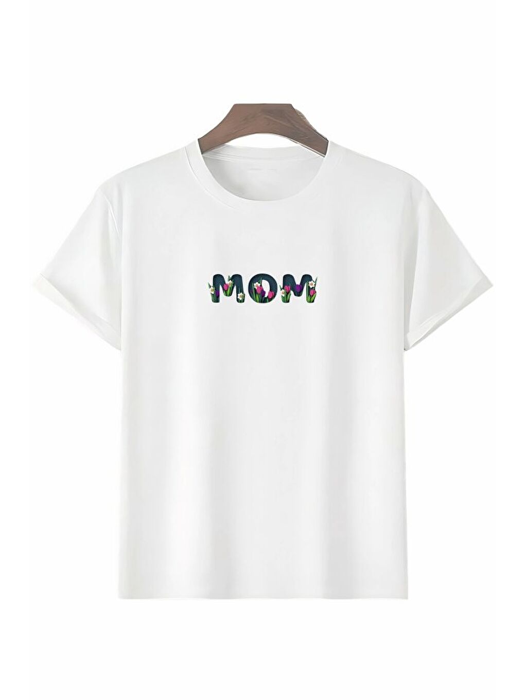 Anneler Gününe Özel Tasarım Mom Çiçek Baskılı T-shirt - Beyaz